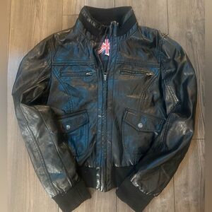 Miss London Black Faux Leather Moto Jacket Women’s Medium Ribbed Trim Pockets